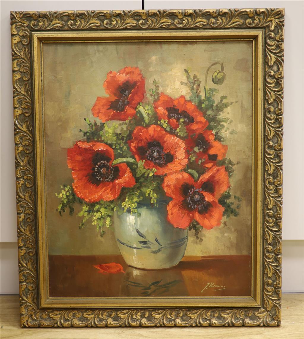 J. Brunina, oil on canvas, Still life of poppies in a vase, 49 x 40cm